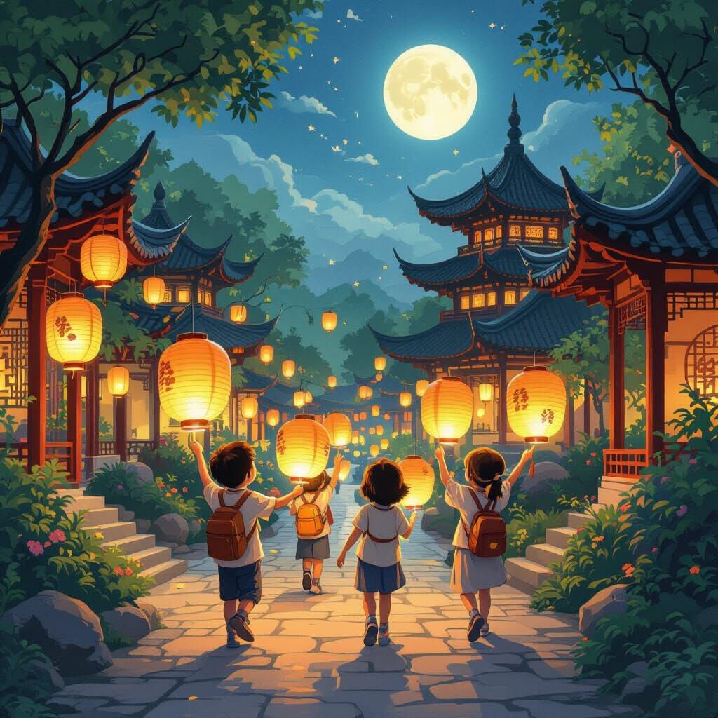 Mooncake Festival in Chinese Garden With Children Carrying L...