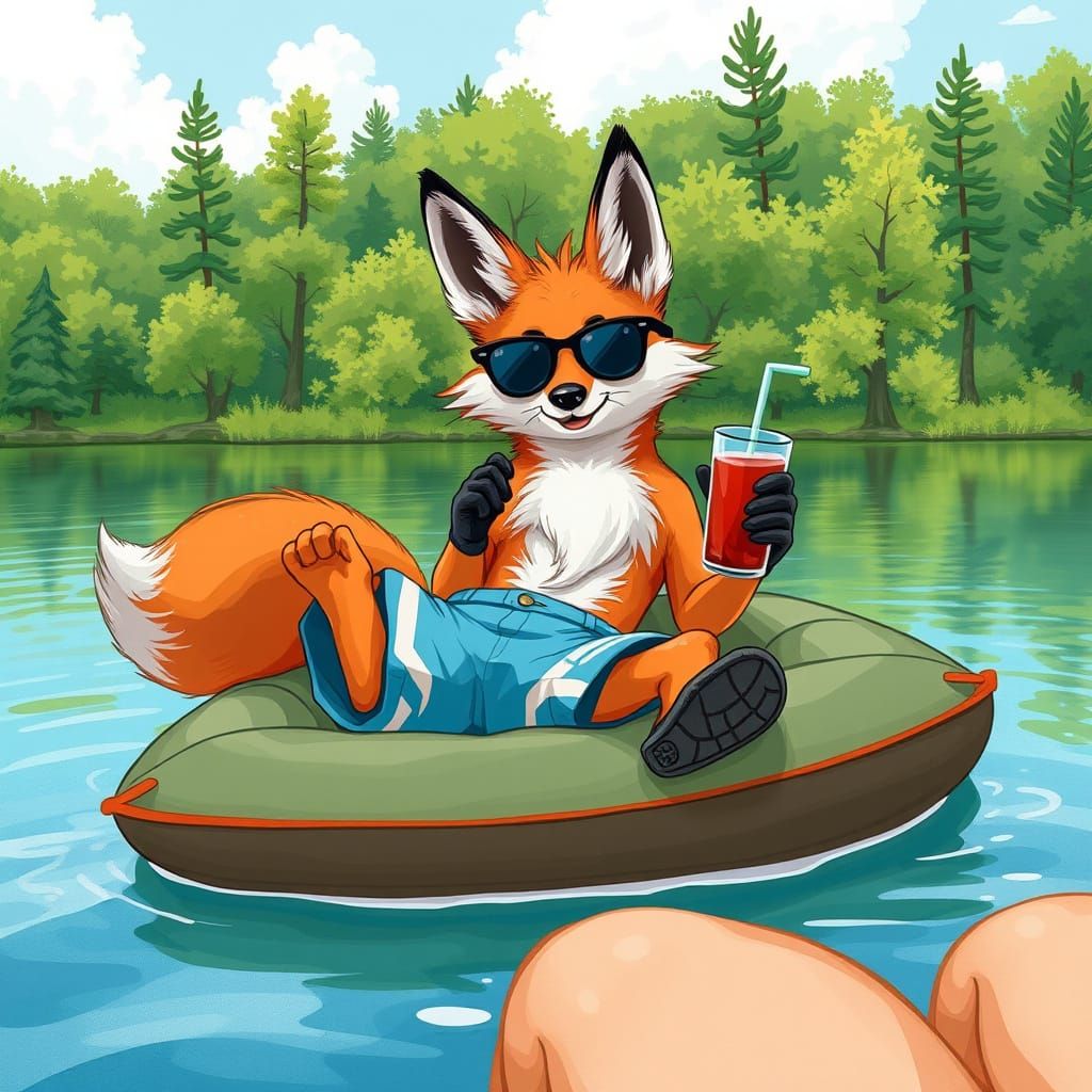 Trendy Fox Lounging on Raft, Summer Lake Scene