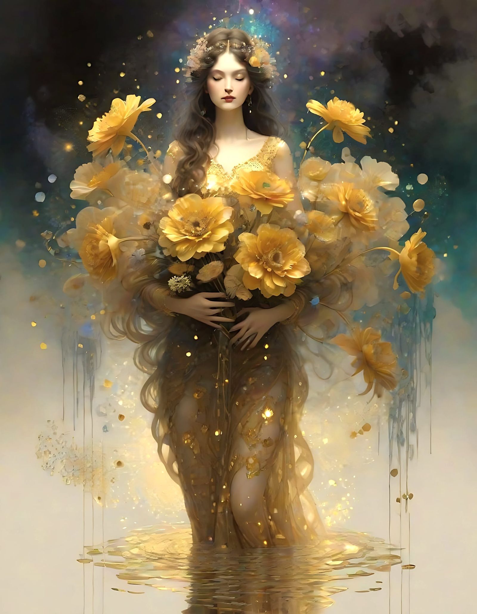 Splendiferous Glowing Klimt Flowers in Quantum Gold