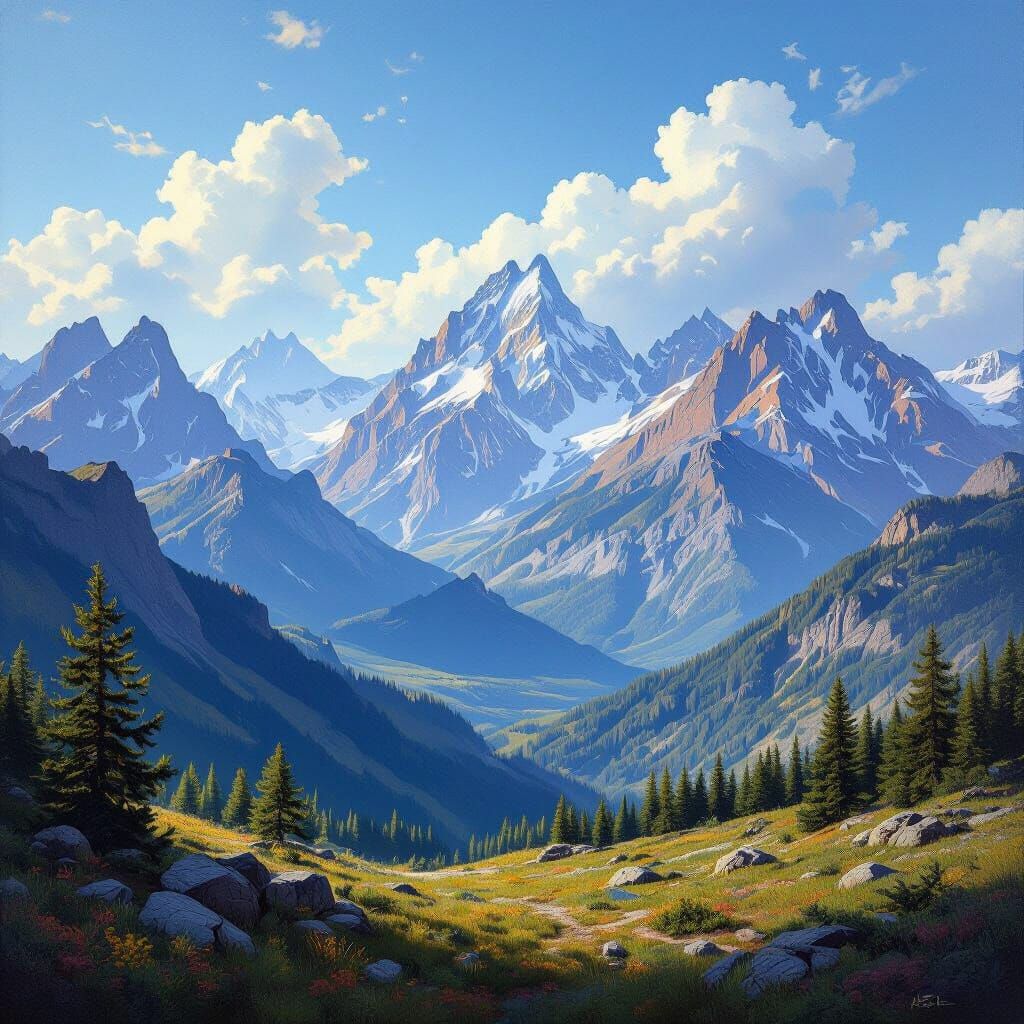 Majestic Mountains Panorama in Realistic Oil Painting Style