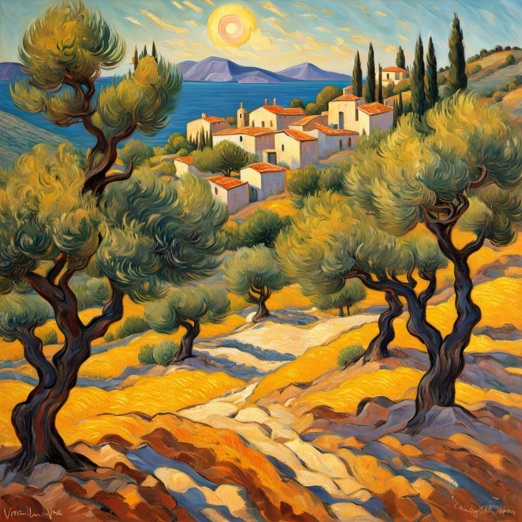 Mediterranean Hillside in Impressionist Oil Painting