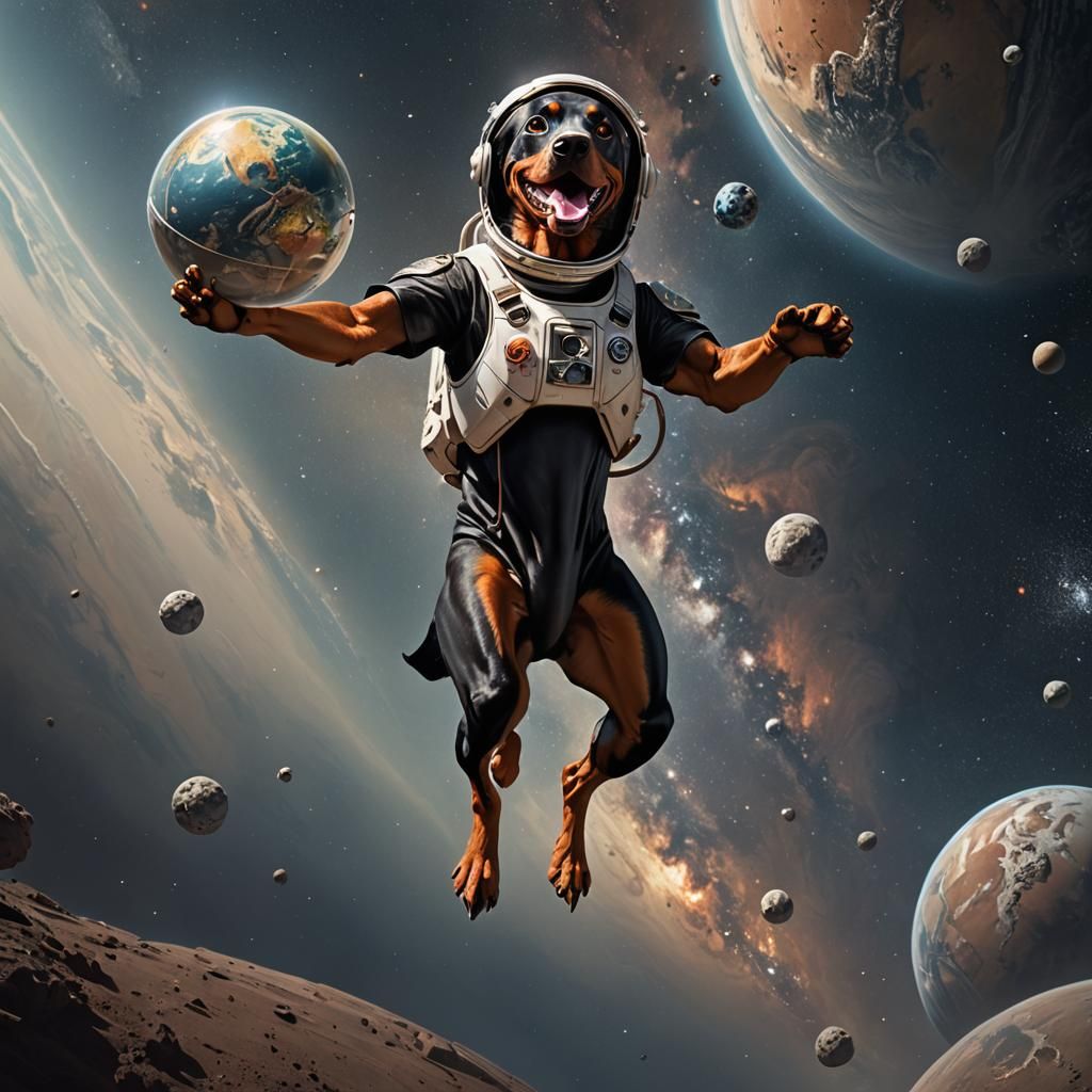 Happy Doberman Astronaut Floating in Space