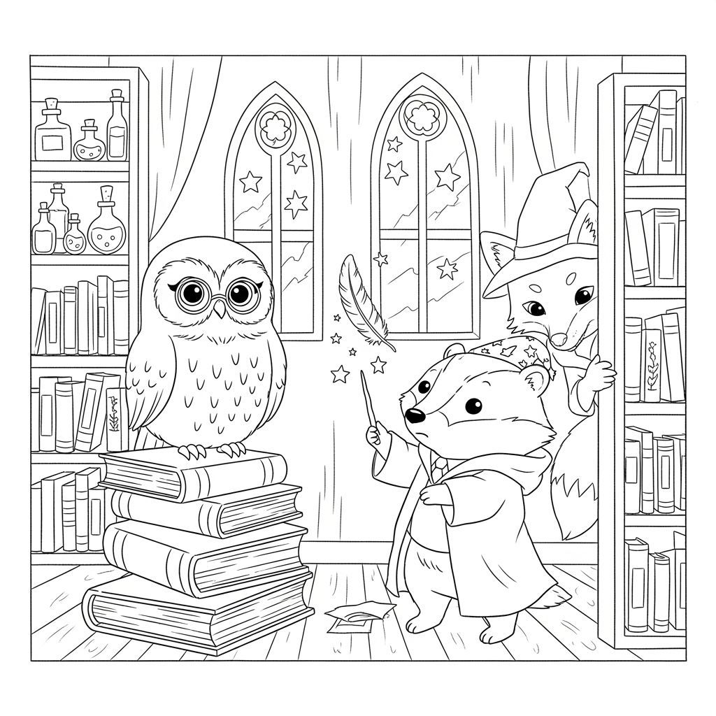Animals at Wizard School: Coloring Book Page