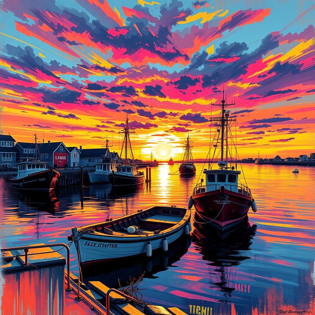 Sunrise Harbor Scene in Graffiti Street Art Style