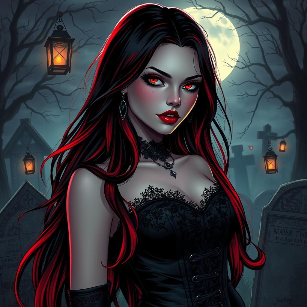 Vampire Girl in Graveyard Bathed in Moonlight