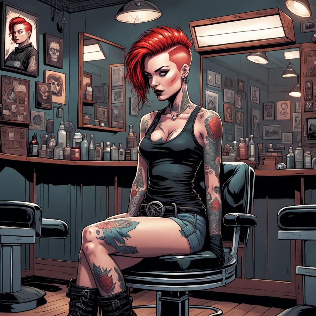 Punk Gothic Girl in Barbershop, Comic Book Art