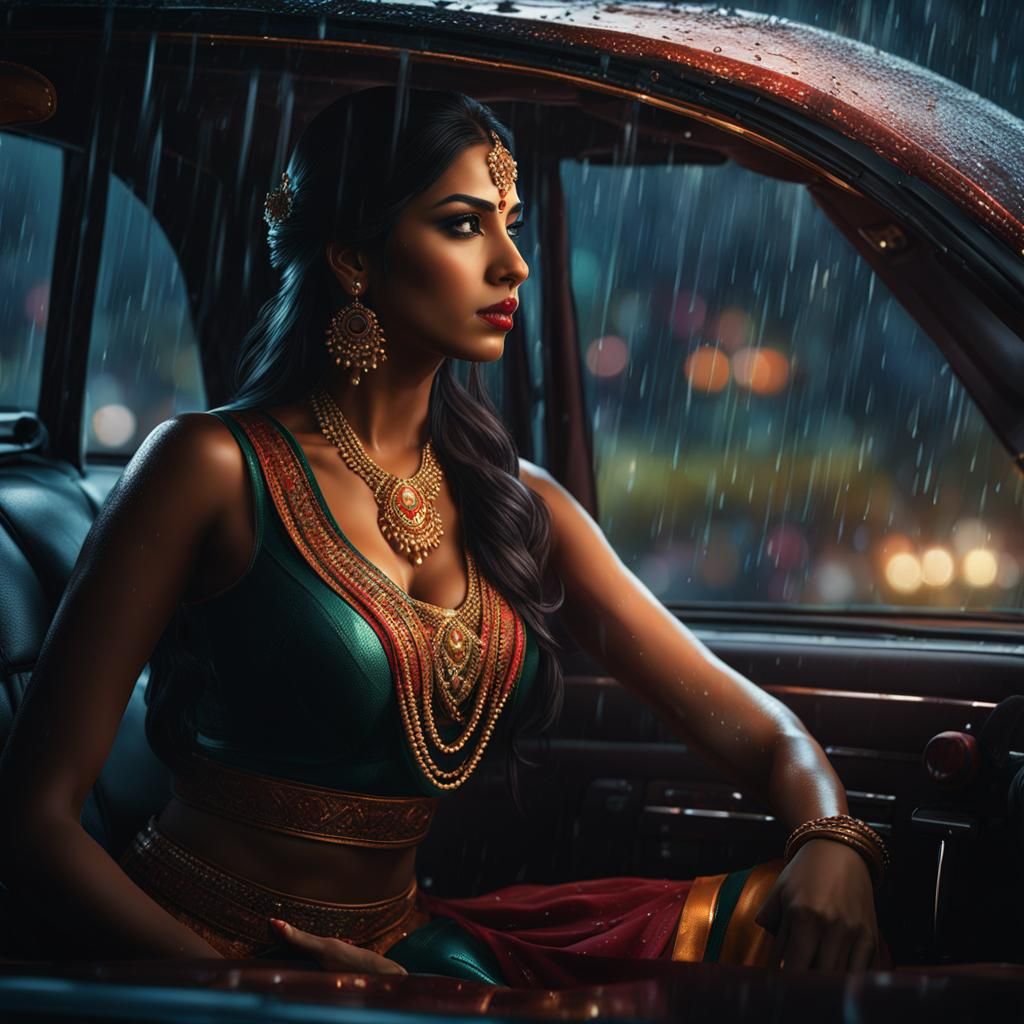 Rainy Car Scene: Hyperrealistic Dark Fantasy Portrait