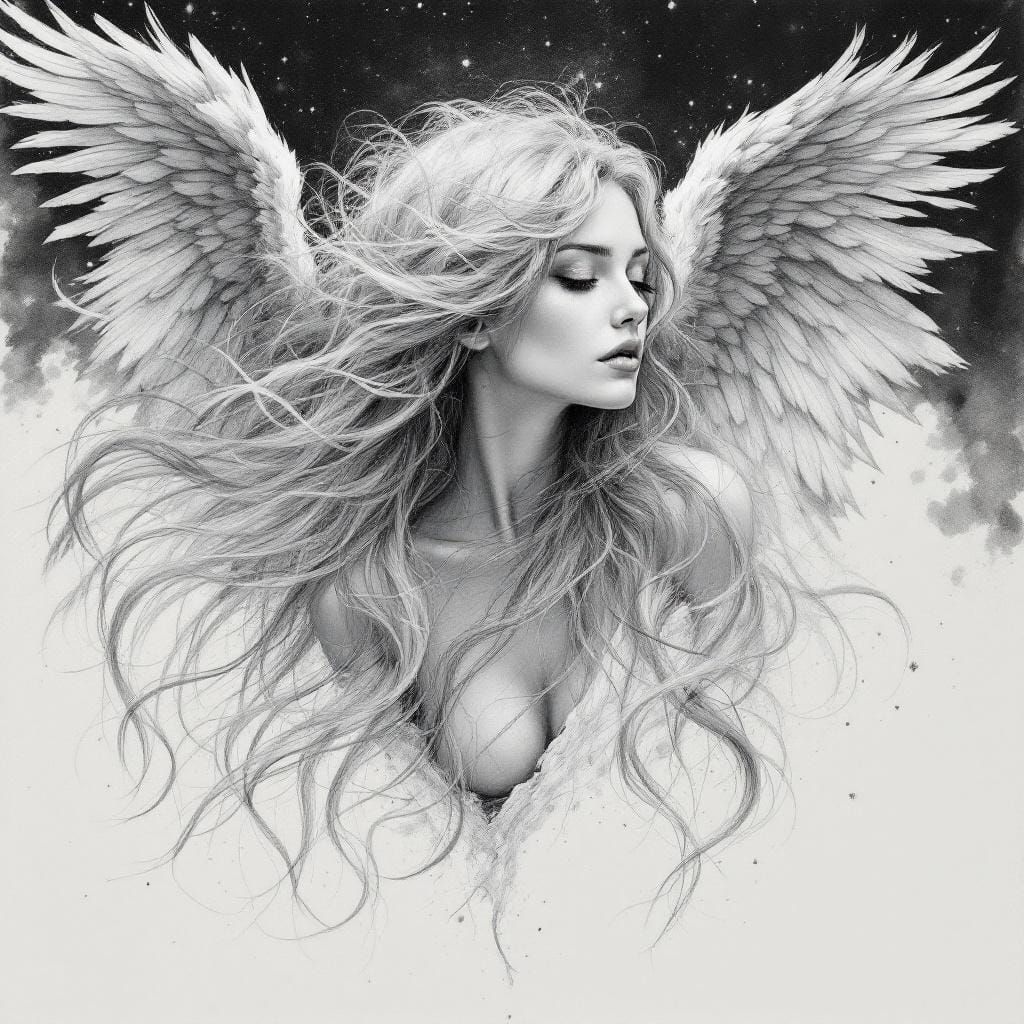 Celestial Angel with Hair Wings in Ink