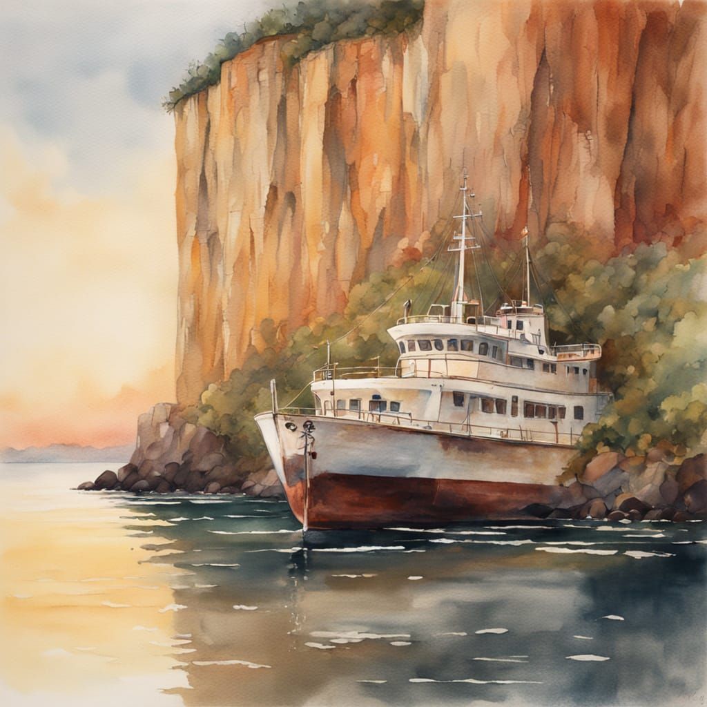 Vibrant Ship and Flowery Cliff at Golden Hour Watercolor