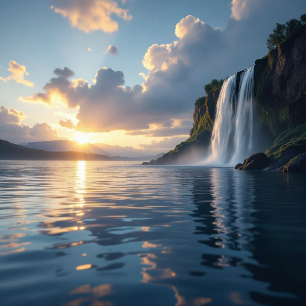 Golden Hour Waterfall Reflecting Clouds