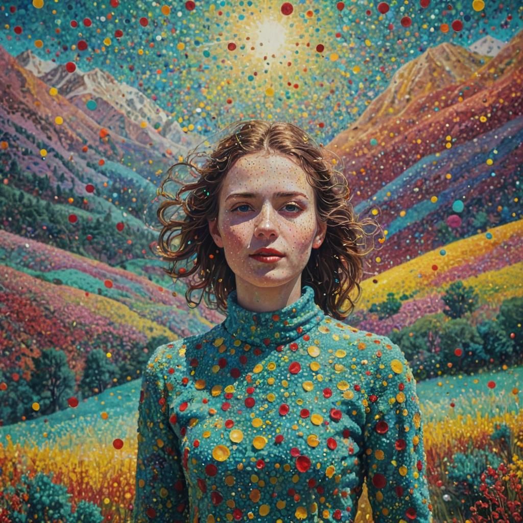 Pointillist Portrait in Dreamy Psychedelic Landscape