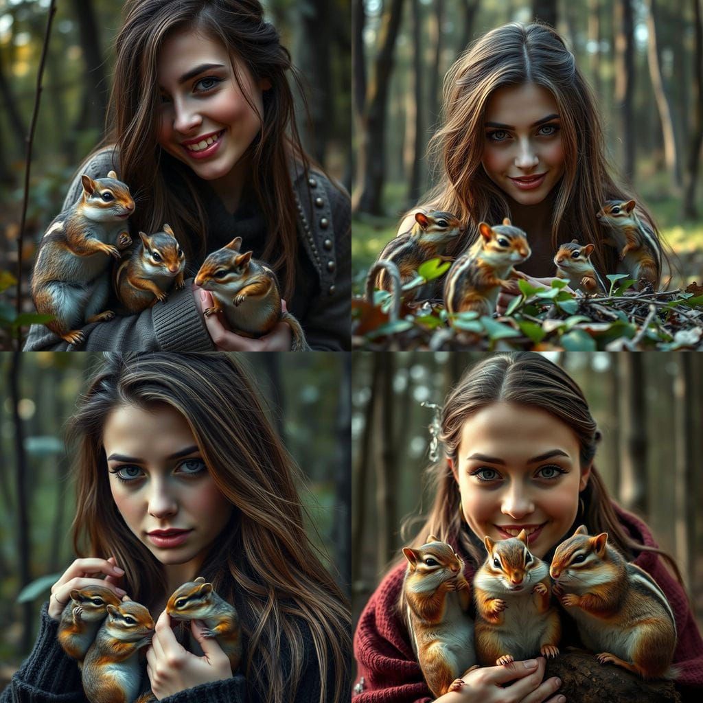 Hyperrealistic Woman in Woods with Chipmunks
