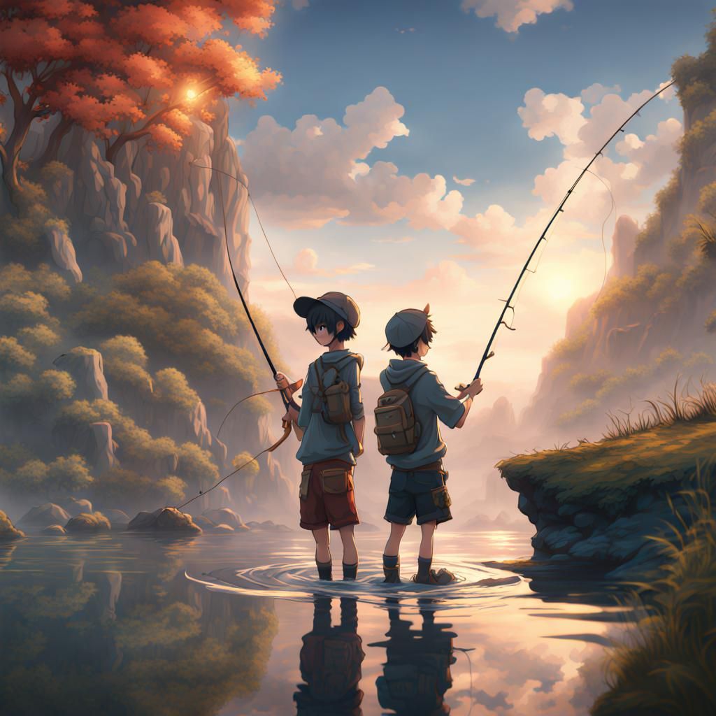 Anime Boys Fishing: Detailed Fantasy Art