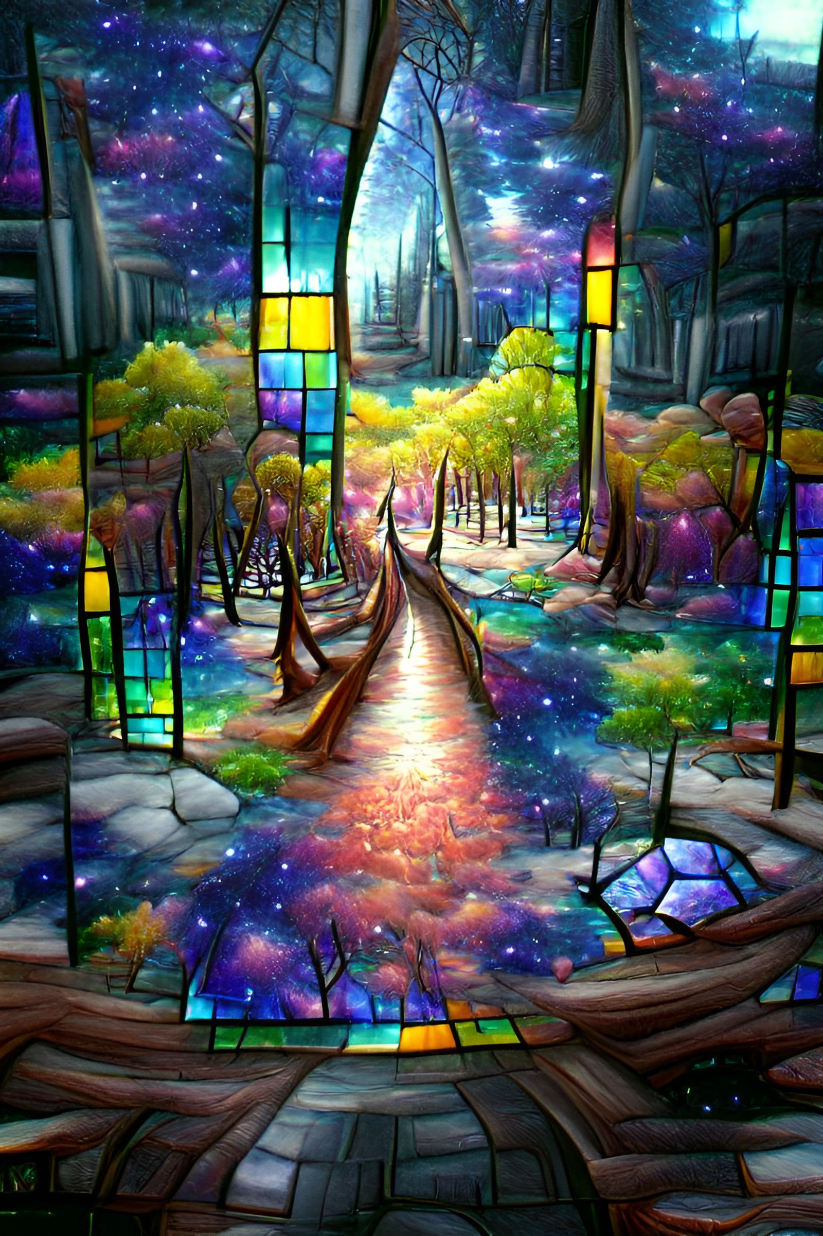 Stained Glass Forest with Star Pathway