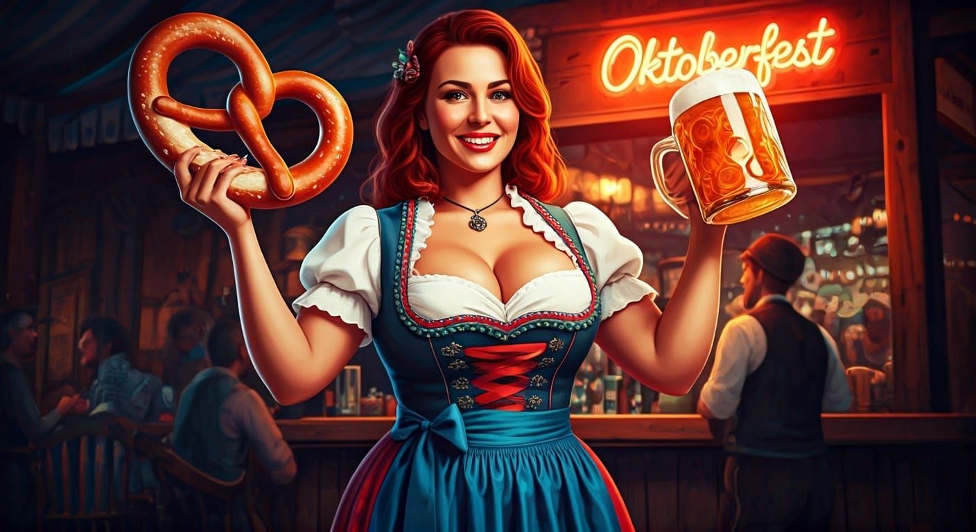 Oktoberfest Barmaid with Pretzel in Acrylic Art Style