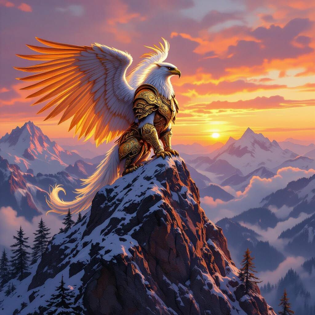 Golden Armored Griffin on Mountain Peak at Sunset