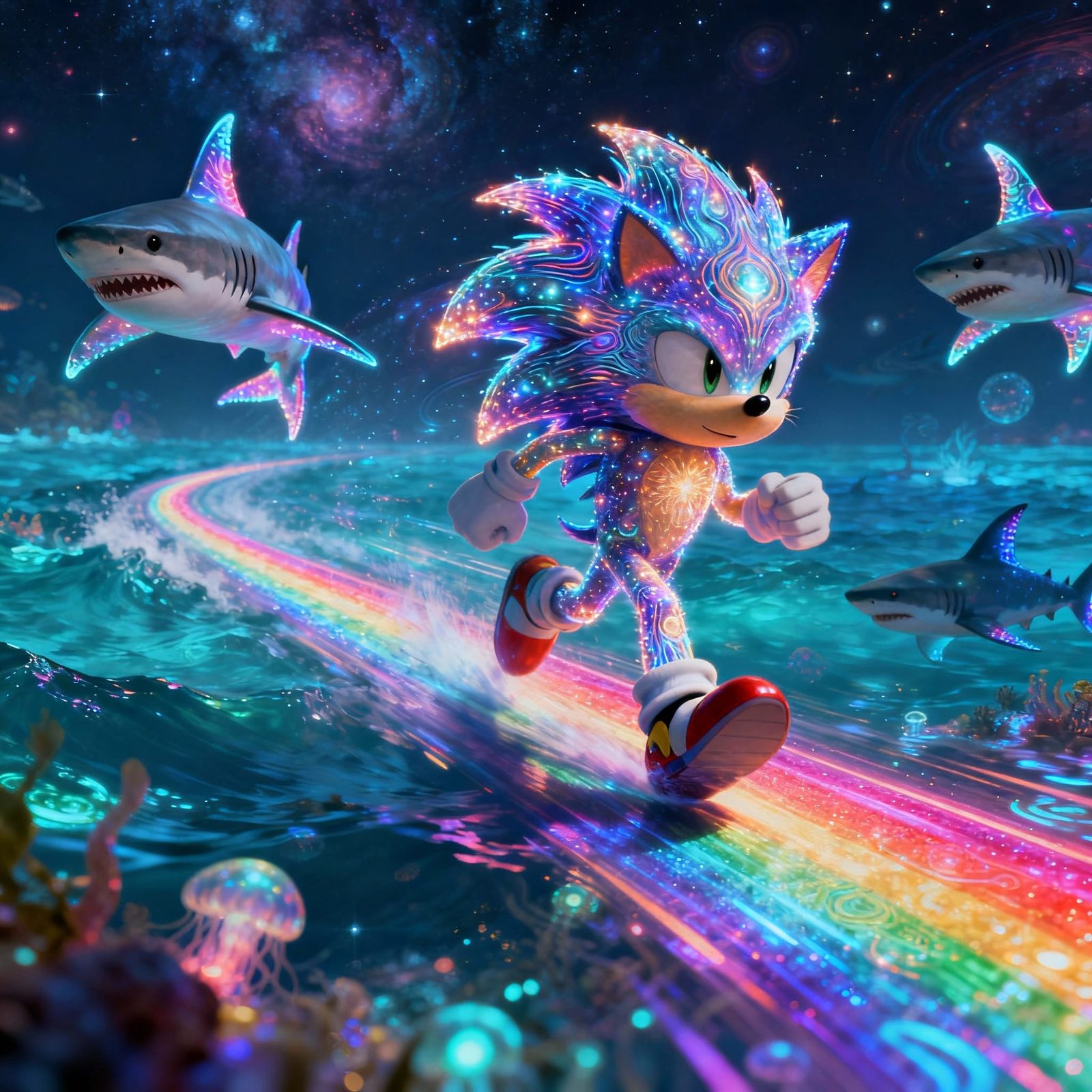 Cosmic Sonic Speeds Through Bioluminescent Ocean on Rainbow ...