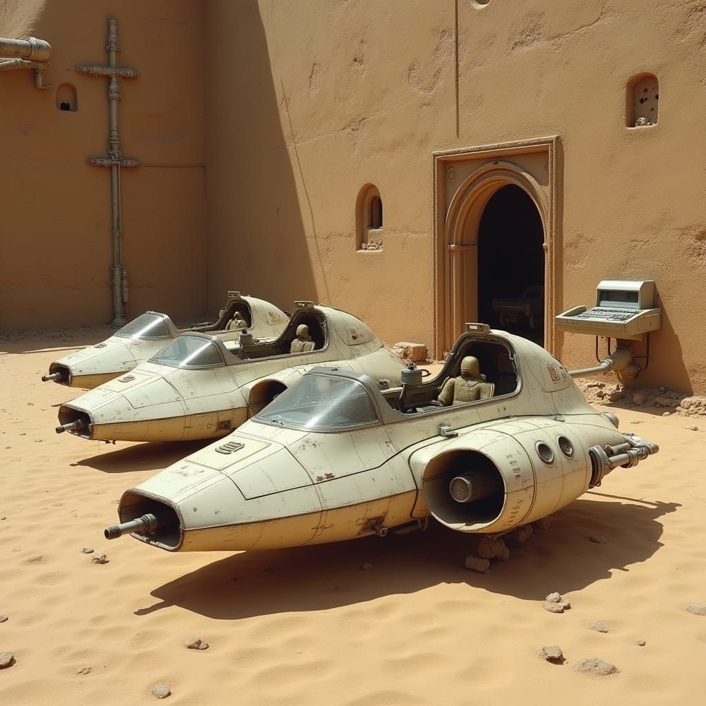 Sleek Air Speeders on Sandy Ground: Digital Art