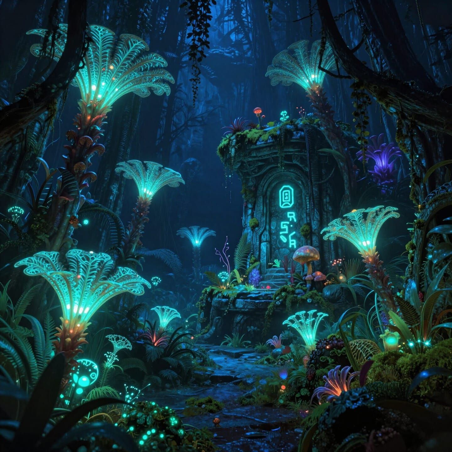 Bioluminescent Jungle at Night with Alien Flora