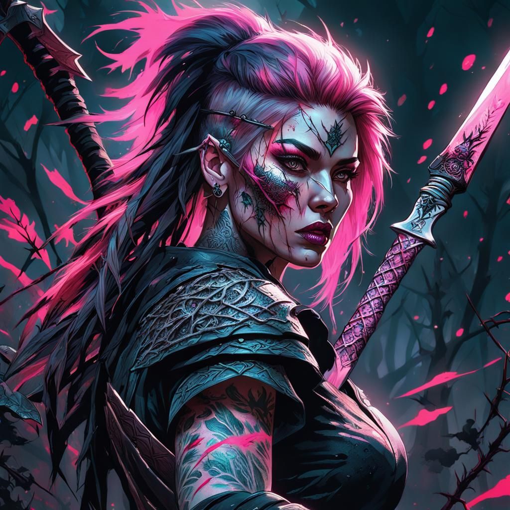 Dark Fantasy Woman with Polearm Illustration