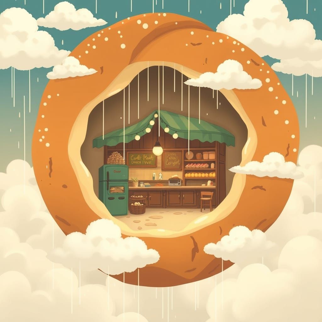 Picture a cozy bakery nestled inside a giant loaf of bread f...