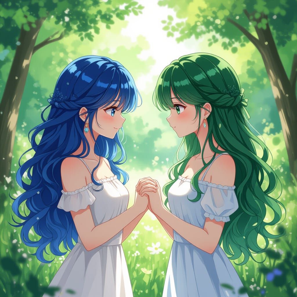Anime Style Women Holding Hands in Nature