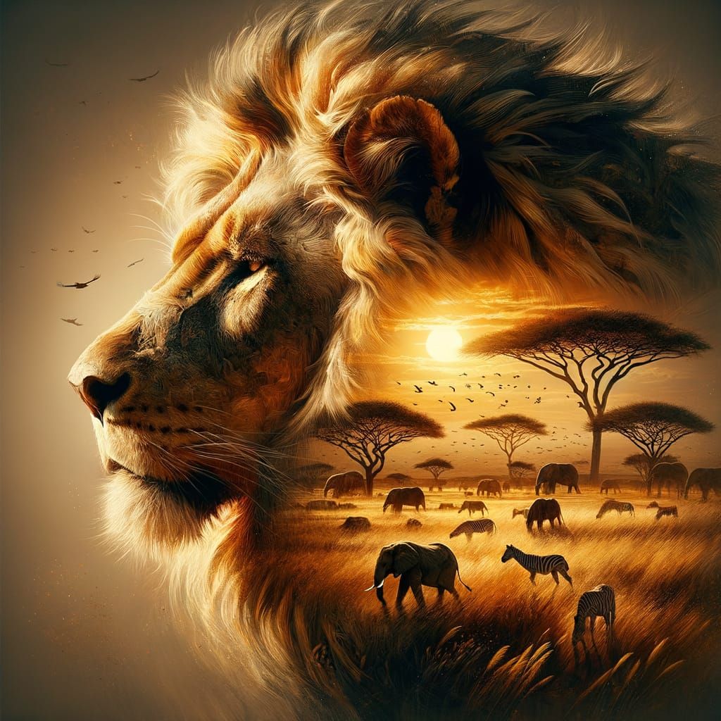 Regal Savannah Majesty in Double-Exposure Oil Painting