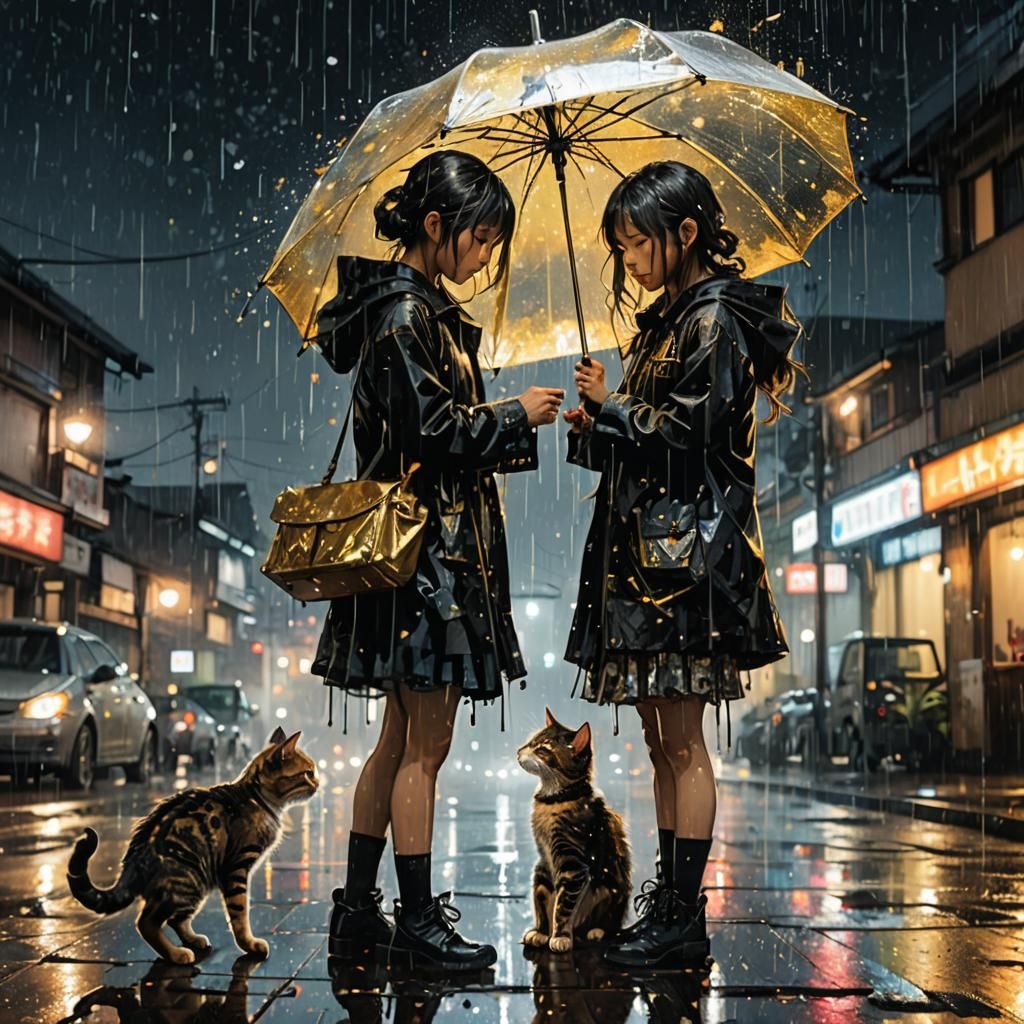 Japanese Schoolgirl and Kitten in Rainy Galaxy