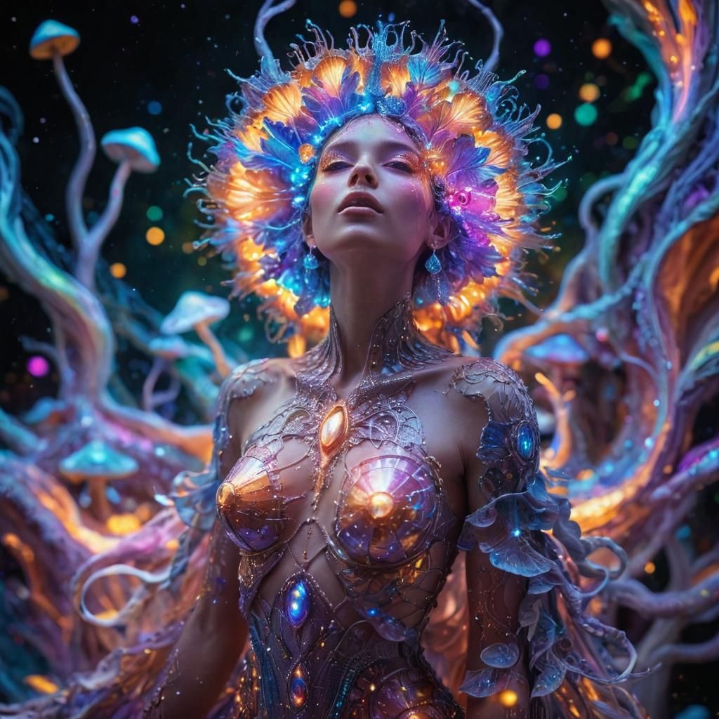 Psychedelic Mushroom Goddess in Visionary Art Style