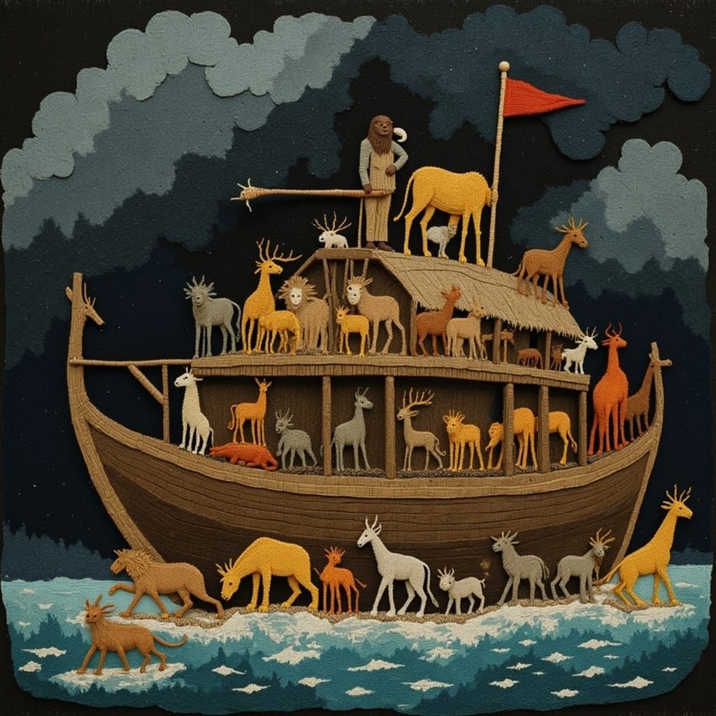 Noah's Ark Amidst Storm, Illustrated Style