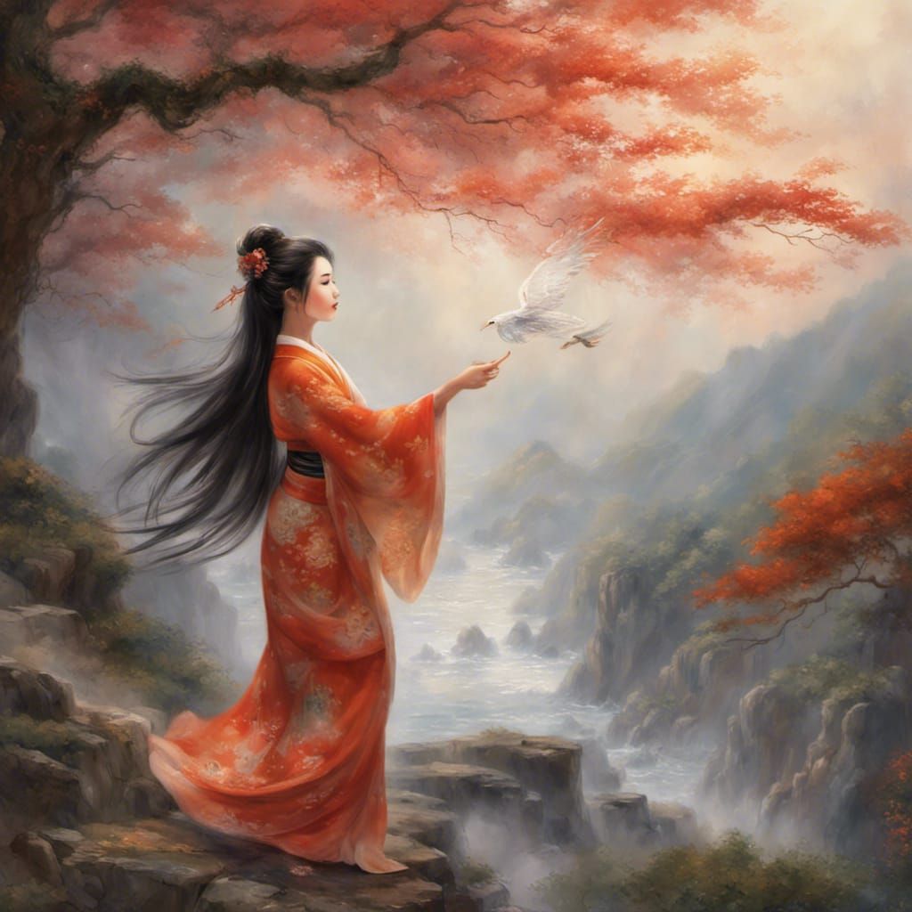 Korean Woman Conjuring Wind Magic with Phoenix