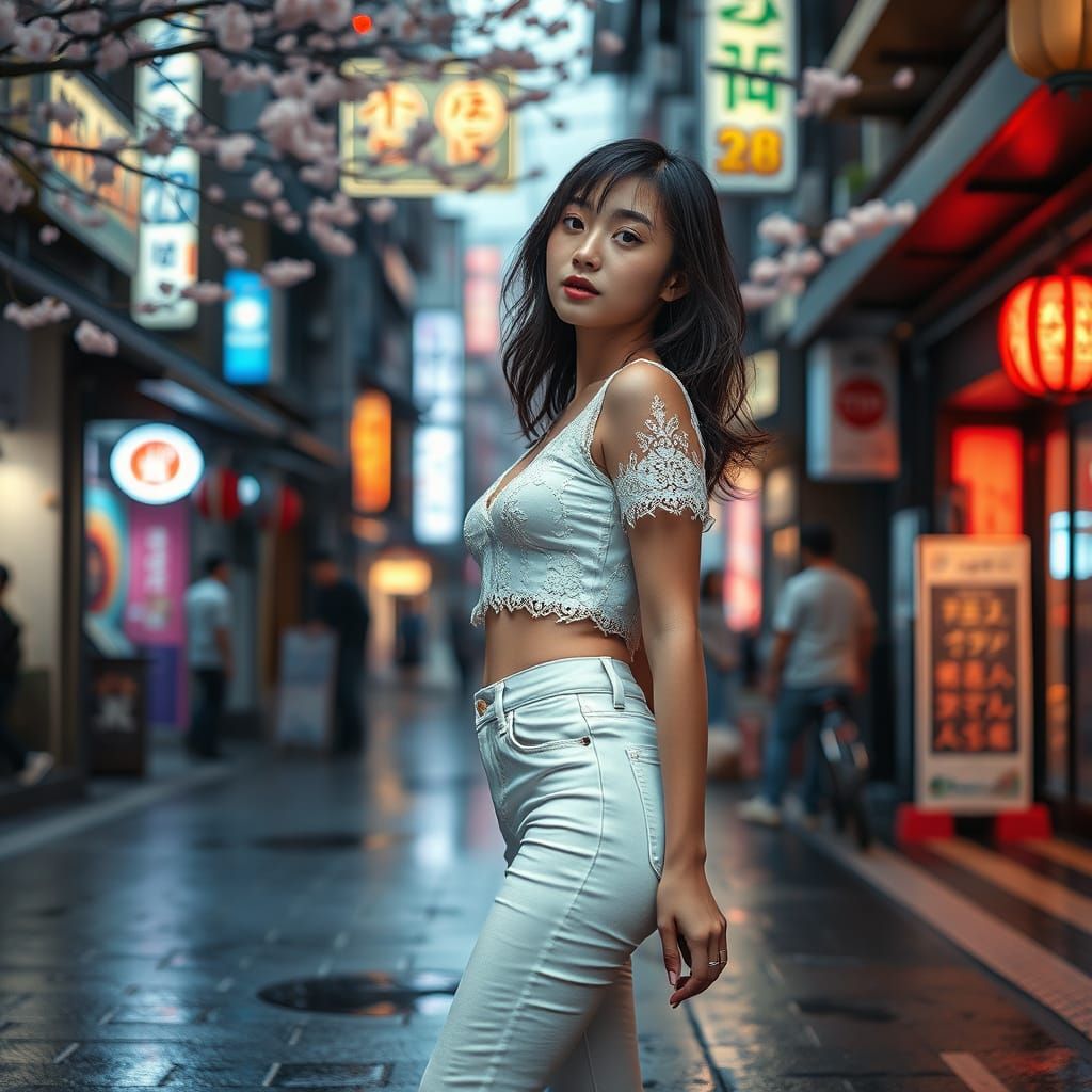 Elegant Woman in Tokyo Street with Cherry Blossoms