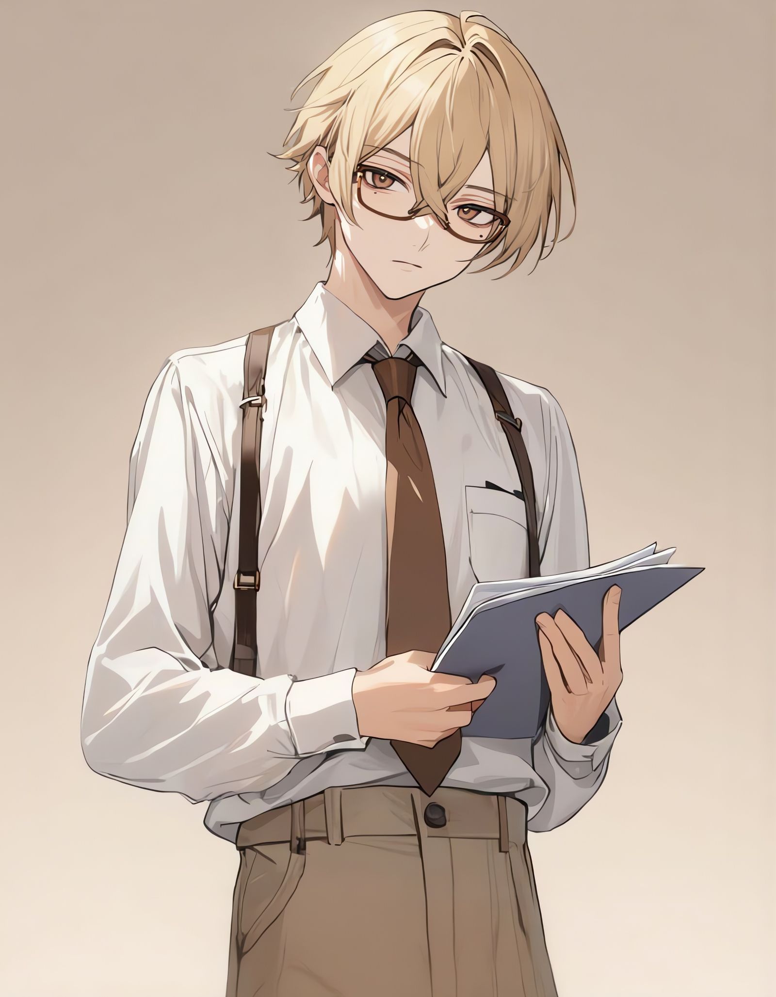 Blonde Man in Suspenders Holding Papers