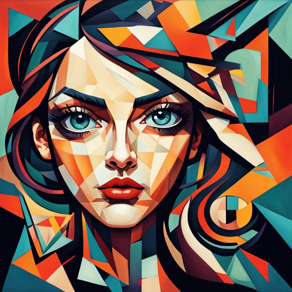 Cubist Portrait of a Woman with Wide Eyes