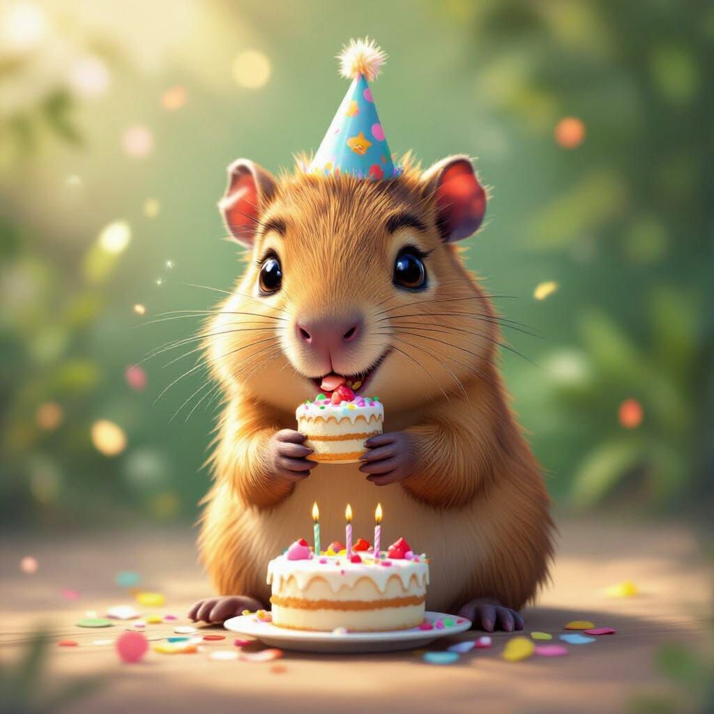 Adorable Baby Capybara Enjoys Birthday Cake in Anime Style