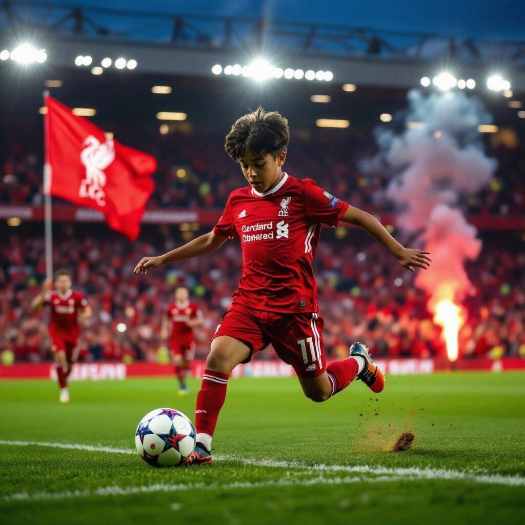 Young Liverpool Fan Kicks Ball at Anfield Stadium