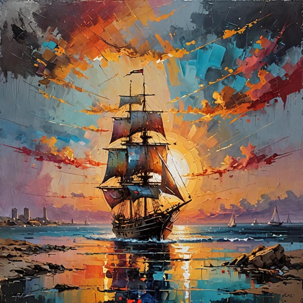 Radiant Sunset: Abstract Ship in Palette Knife Style