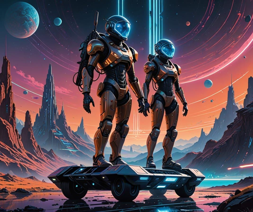 Astronaut on Hoverboard Above Alien Utopia