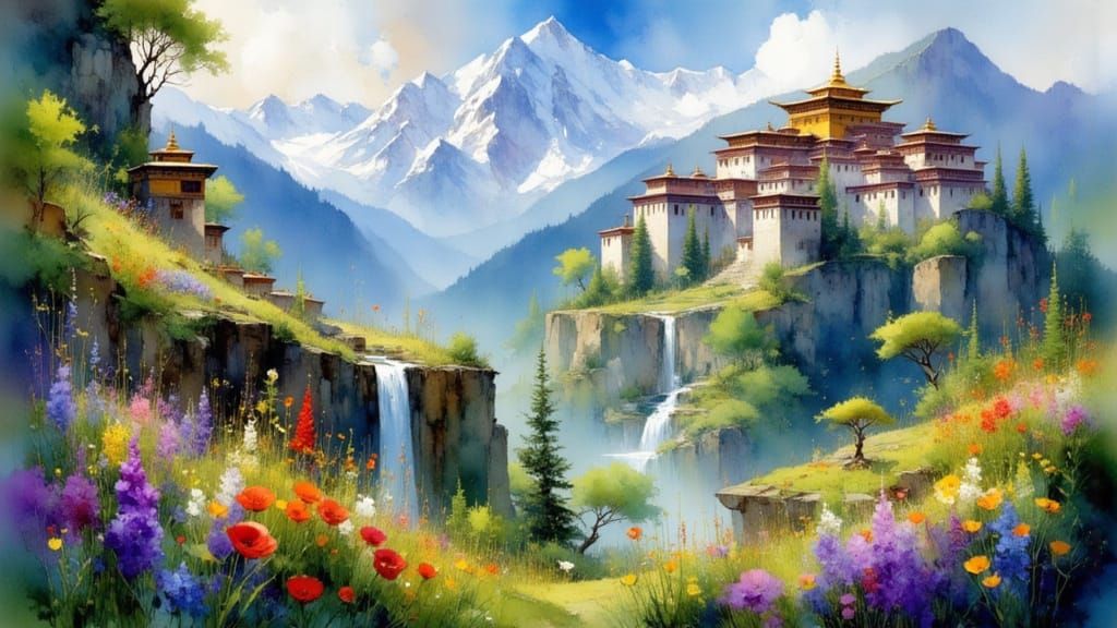 Utopian Tibetan City in Mountain Gardens, Painterly Style