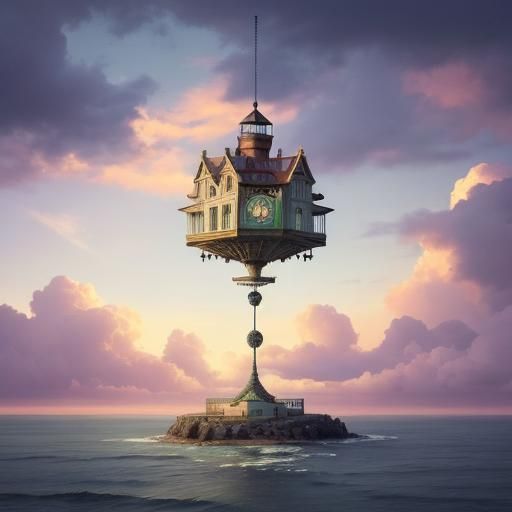Whimsical Clock Tower House on Water