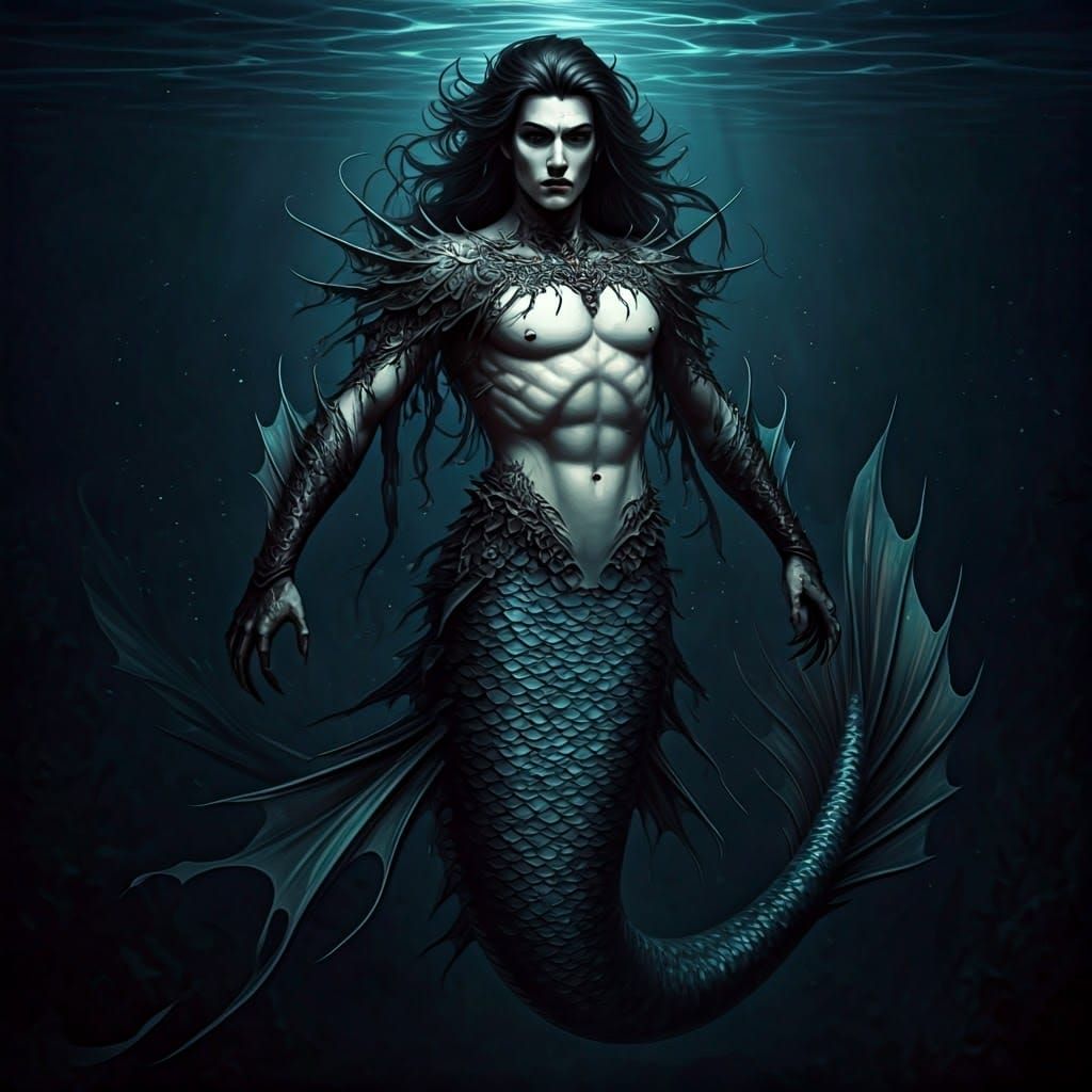 Gothic Merman in Baroque Finery with Bioluminescent Seaweed