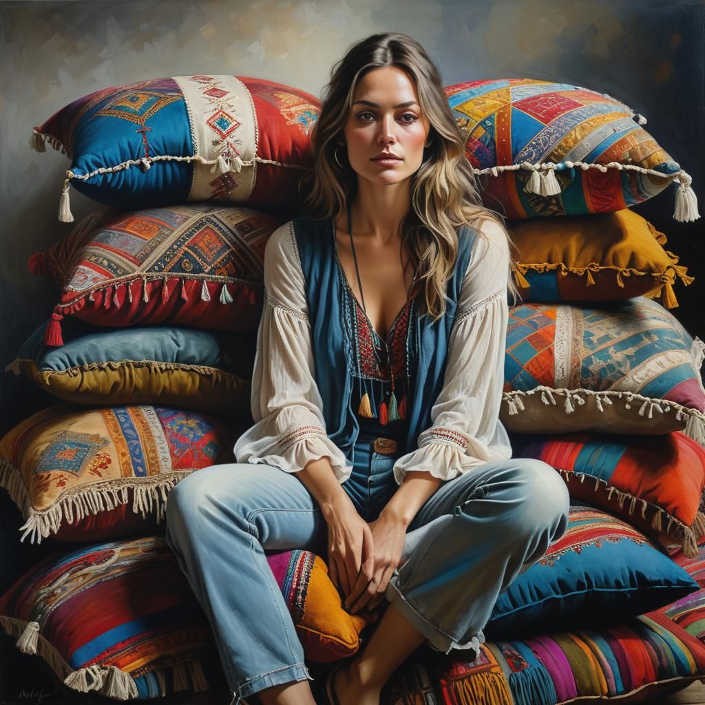 woman sitting on a large pile of colorful bohemian cushions