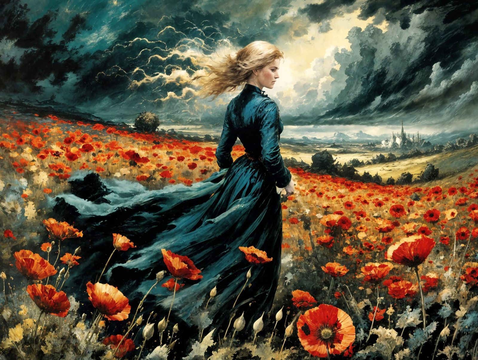 Stormy Poppy Field Inspired by Romanticism and Fantasy