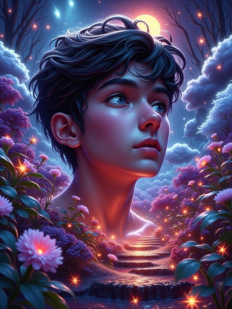 Dreamy Young Man Admires Sweet Caroline in Vibrant Fantasy R...