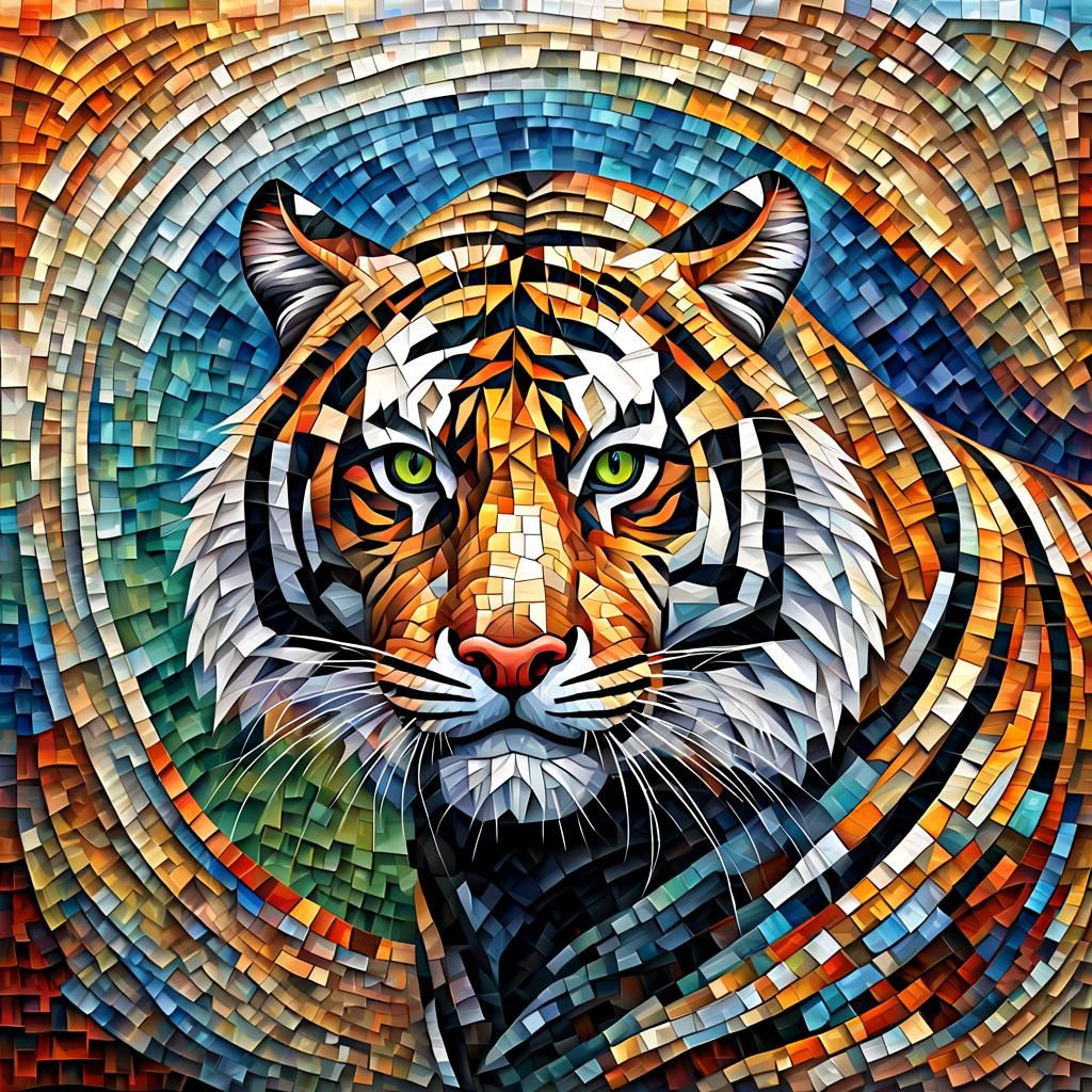 Vibrant Mosaic Tiger in Expressionist Impasto Style