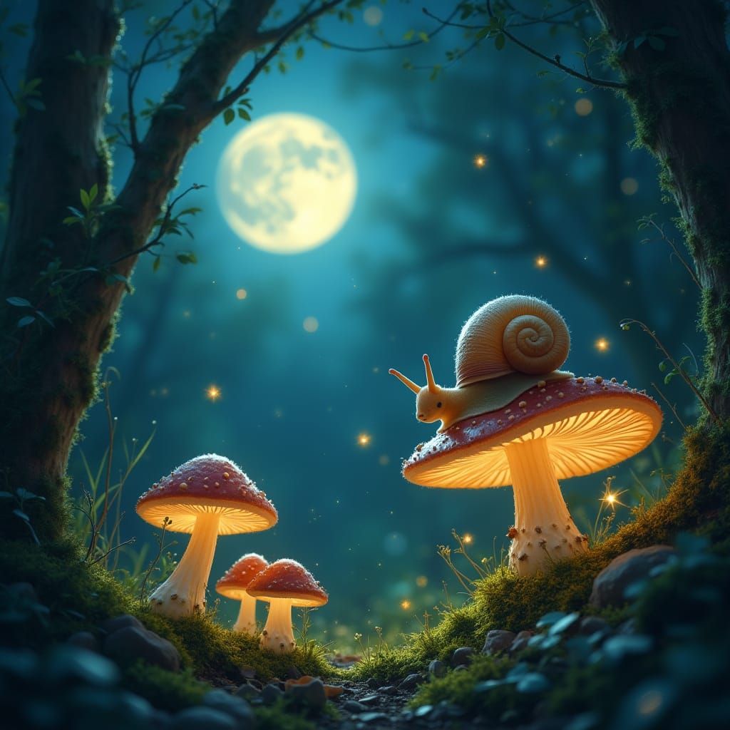 Bioluminescent Snail's Glowing Mushroom Journey