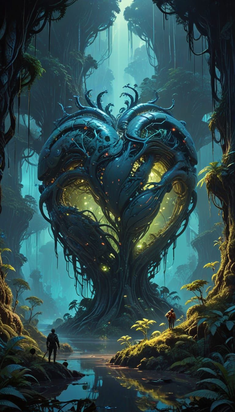 Bioluminescent Rainforest Inside Biomechanical Heart, Digita...