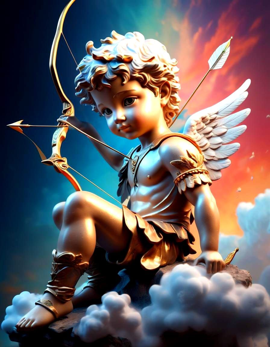 Hyperrealistic Cupid on Cloud in Splash Art Style