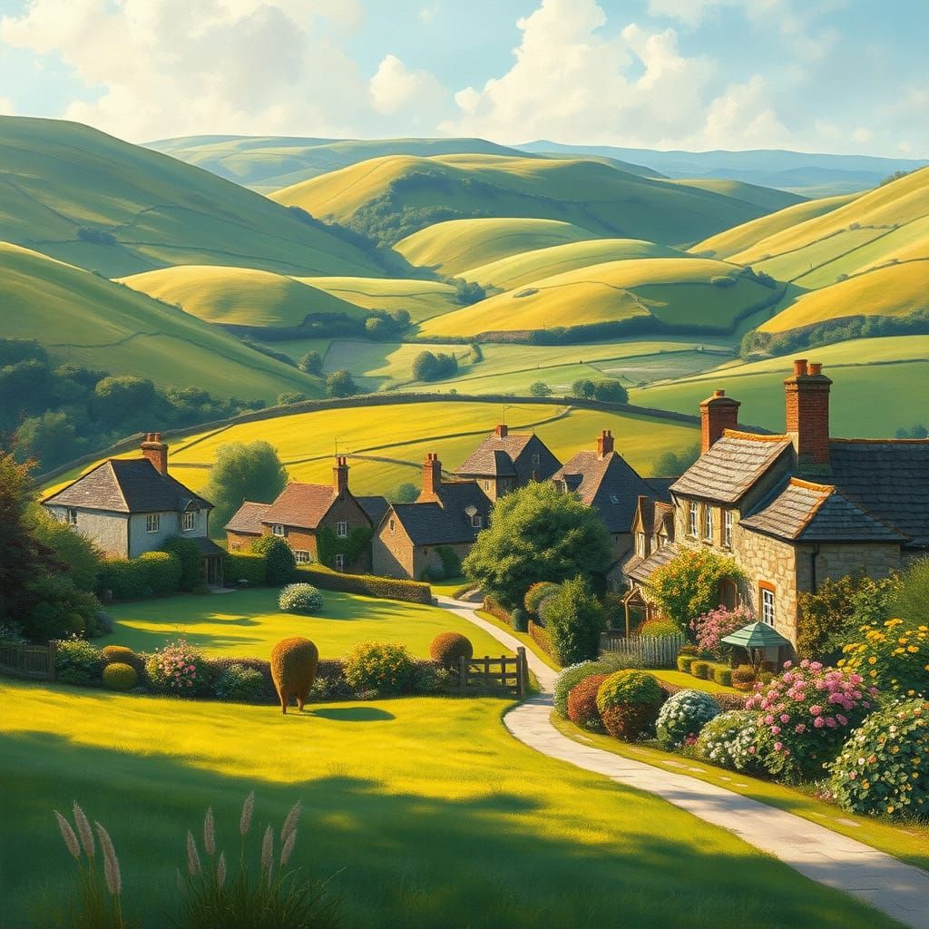 English Countryside Scene in Impressionist Style