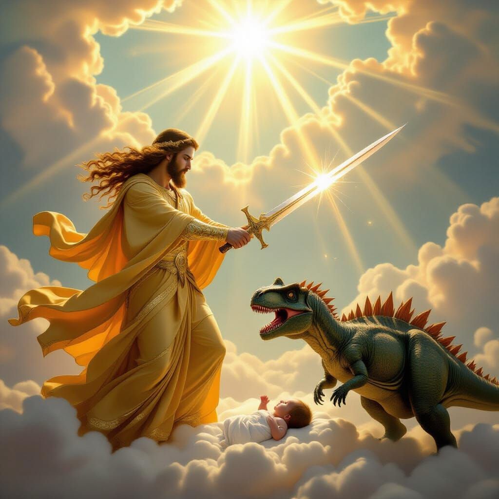 Divine God Saves Baby From Dinosaur in Epic Painting